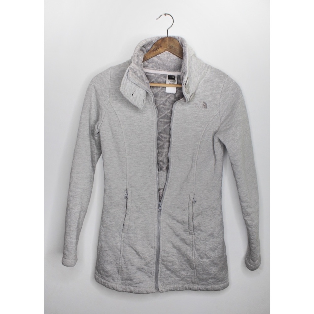 The North Face Grey High Neck Button Collar Quilted Pattern Zip Up Sweatshirt XS